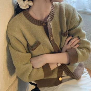 高階感小香風拼色新款圓領短款毛衣女春秋小個子針織開衫外套上衣