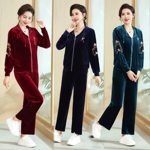 媽媽裝春秋新款外套中老年女金絲絨運動服套裝休閑連帽衛衣兩件套