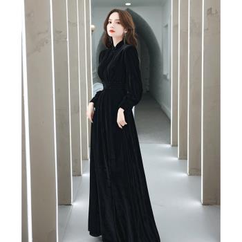 法式年會晚禮服女長袖聲樂藝考演出服黑色絲絨長款主持人修身氣質