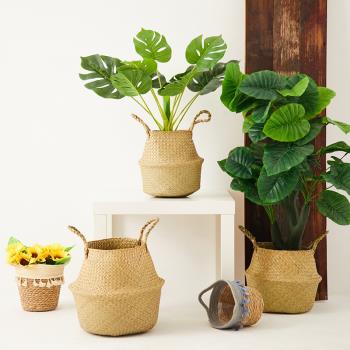 北歐草編花籃編織藤編手提琴葉榕天堂鳥花盆收納客廳落地擺件裝飾