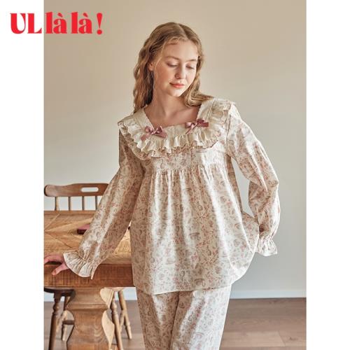 Ullala韓國烏拉拉女純棉碎花蕾絲方領長袖睡衣睡褲家居服秋冬薄款