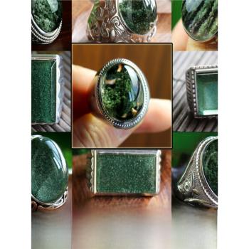 天然綠幽靈男925純銀復古戒指