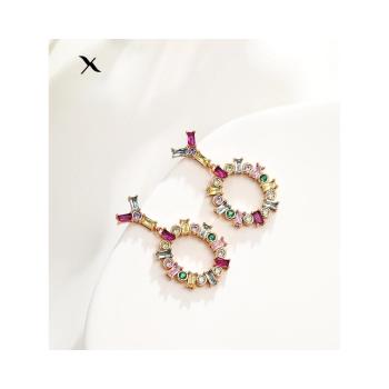 彩寶系列幾何耳環女小眾時尚輕奢復古氣質彩色鏤空圓形耳飾