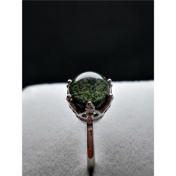 天然綠幽靈女款純銀活口招財轉運墨綠聚寶盆異象水晶珠子指環戒指