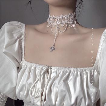 仙女蕾絲白色十字架洛麗塔流蘇choker項圈鎖骨鏈女頸帶頸飾項鏈