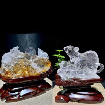 天然水晶雕刻生肖黃膠花老鼠擺件