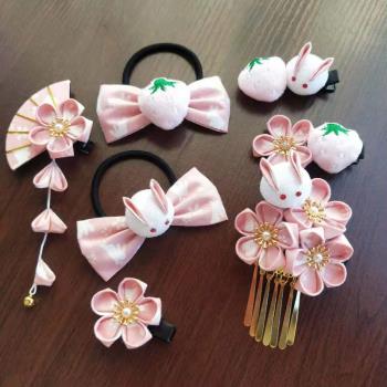 草莓兔兔~和風日系Lolita草莓派對浴衣可愛粉色邊夾發夾發飾頭飾