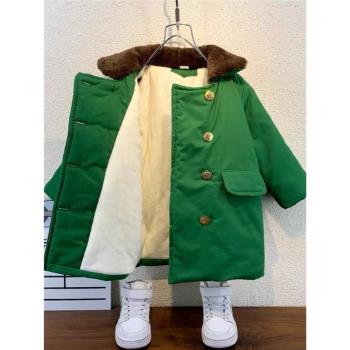 兒童軍大衣中長款男童外套加絨加棉加厚男孩寶寶冬款棉襖軍綠棉衣