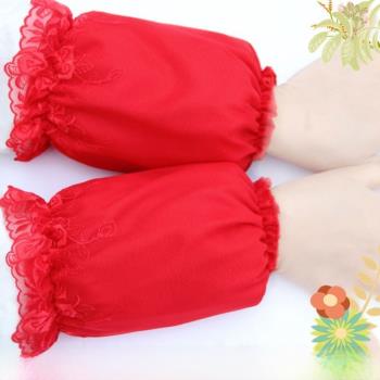 繡花防袖頭大紅工作女臟袖套學習冬季短款蕾絲可愛女生棉襖辦公室