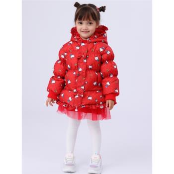 HelloKitty專柜秋冬新款女童羽絨服紅色兒童新年款白鴨絨羽絨外套