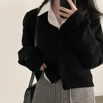 韓國chic秋冬新款氣質百搭毛衣開衫女v領暗釦簡約針織外套