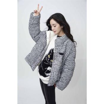 楊冪同款黑色千鳥格棉衣麵包服女2023冬寬松立領加厚粗花呢短外套