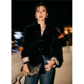 設計感復古減齡新中式唐裝立領中國風潮流氣質黑色絲絨襯衫外套女