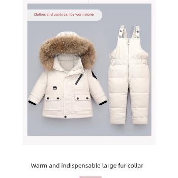 香港男寶寶冬季羽絨服保暖套裝女童背帶褲兩件套嬰兒加厚外出外套