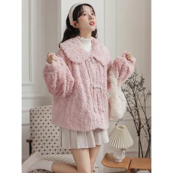 韓版甜美可愛粉色蝴蝶結羊羔毛棉服外套女裝冬季2023新款加厚大衣