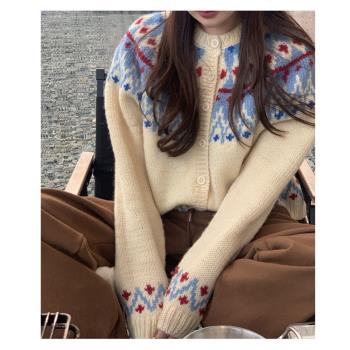 韓國chic秋冬復古提花圓領長袖毛衣外套女寬松慵懶針織開衫
