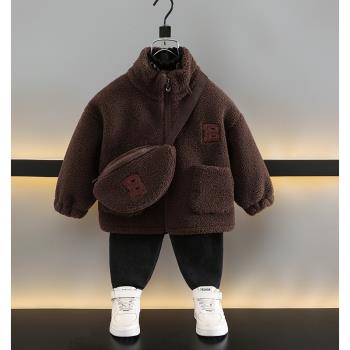 童裝男童加絨加厚外套秋冬款2023新款兒童寶寶羊羔絨秋裝毛毛上衣