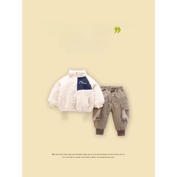 法國Tmnel男童棉服加絨套裝2023新款秋冬兒童羊羔絨棉衣外套加厚