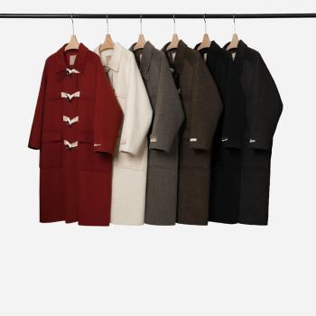 韓國東大門重工牛角扣棕寬松羊毛大衣冬季新品黑色時髦雙面呢外套