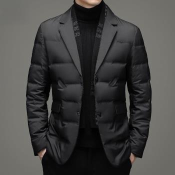新款阿瑪尼男裝羽絨服西服韓版潮流帶圍巾領男士冬裝加厚西裝外套