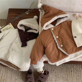 兒童加厚夾棉圣誕棉服2023冬季新款韓版男女童加絨羊羔絨連帽外套