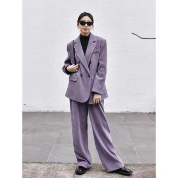 燈芯絨休閑闊腿褲子紫色西裝套裝