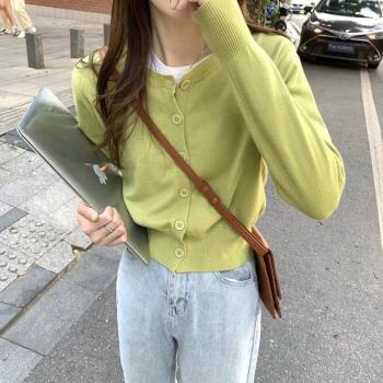 韓版寬松長袖百搭開衫針織衫女裝秋季綠色顯瘦設計感外套外搭上衣