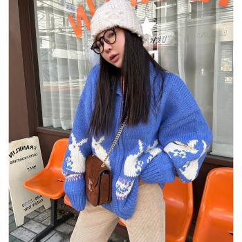 韓國東大門冬翻領拉鏈加厚寬松版復古兔子刺繡慵懶風開衫毛衣外套