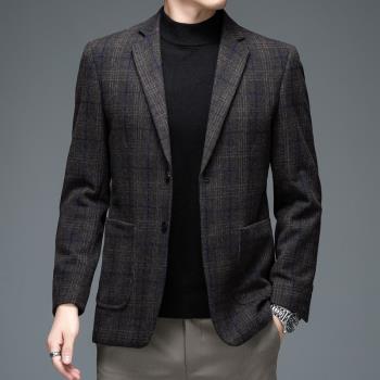 羊毛呢西裝男春秋韓版新款商務休閑修身時尚簡約大氣條紋氣質外套