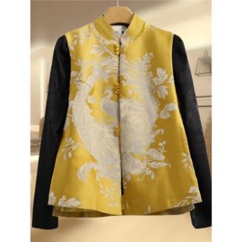 新中式國風復古上衣坎肩疊穿唐裝黃色提花綢緞刺繡馬甲背心外套