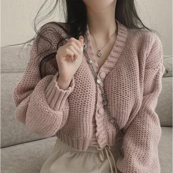 韓國chic小眾氣質單排扣毛衣外套女2023年新款秋冬小個子短款開衫