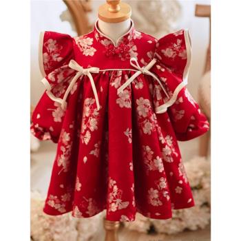 中式民族風女童禮服高端生日公主裙女寶寶周歲抓周旗袍紅色拜年服