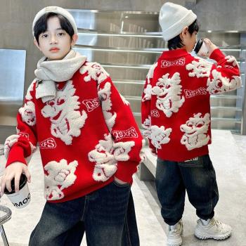 兒童紅色圣誕新年毛衣冬款加厚冬季中大童龍年拜年服針織衫