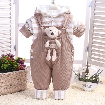 嬰兒秋冬小熊燈芯絨背帶褲2件套裝加棉男女寶0-1-2歲連體衣外出服