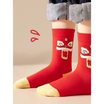 兒童襪子男童秋冬款2023新款紅色中筒襪男孩本命年運動純棉潮襪