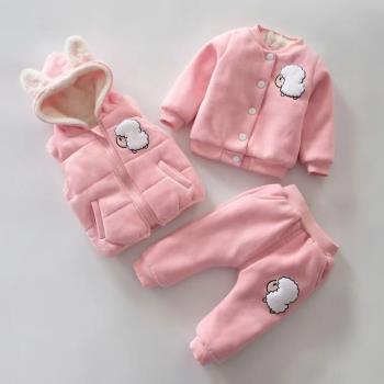 童裝寶寶加絨加厚套裝女童冬裝嬰兒童三件套0-4歲半寶寶三件套裝