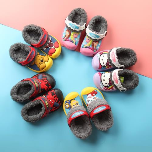2024秋冬兒童加絨洞洞鞋 男女童棉拖蜘蛛俠維尼熊卡通毛毛拖鞋