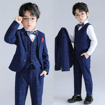 男童鋼琴主持禮服套裝英倫紳士兒童春秋冬新款韓版格子加絨小西裝