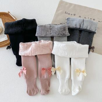 嬰兒加絨連體襪保暖褲子外穿冬季6-12月女寶寶蝴蝶結打底褲襪冬季