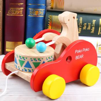 兒童拖拉小熊敲鼓手拉拖車學步車 寶寶木制益智玩具1-2-3周歲推車