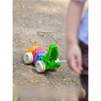 原裝進口PlanToys彩虹鱷魚木制拖拉學步寶寶安全益智獲獎玩具禮物