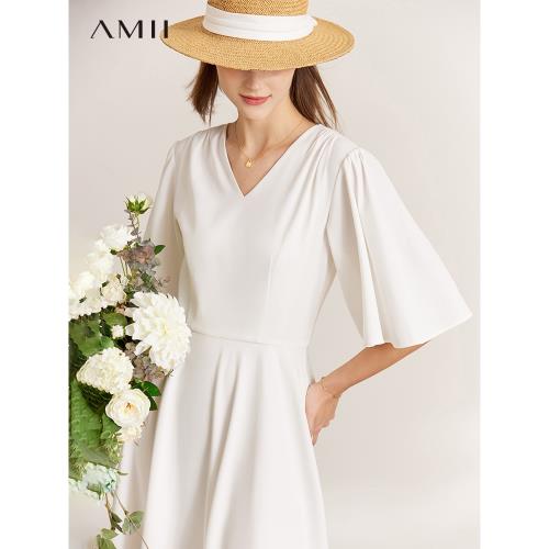 Amii2023夏季新款白色連衣裙女荷葉袖收腰顯瘦長裙小黑裙氣質裙子