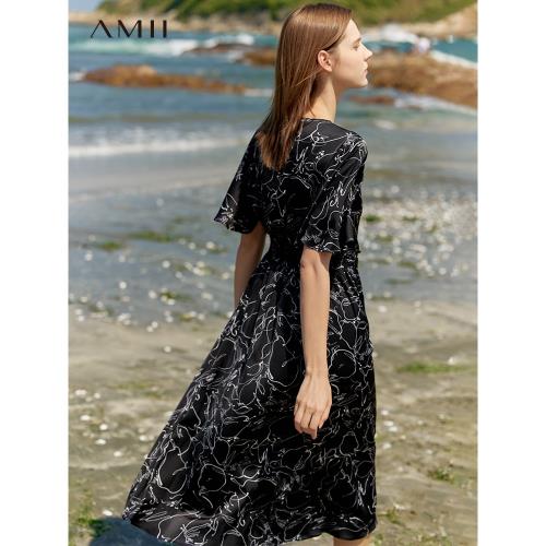 Amii2023年夏新款V領荷葉袖印花裙子女設計感小眾修身收腰連衣裙