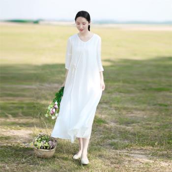 超仙國風日常白色禪意棉麻連衣裙