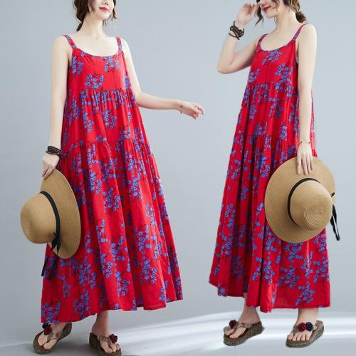 棉麻無袖吊帶裙女夏新款民族風女裝復古文藝印花中長款寬松連衣裙