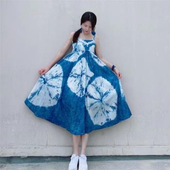 文藝原創設計植物純棉吊帶裙藍染