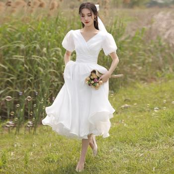 白色領證登記小晚禮服女平時可穿法式輕婚紗訂婚連衣裙小白裙畢業