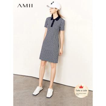 Amii2023秋裝新款POLO領連衣裙女經典款絕美棋盤格修身顯瘦裙子