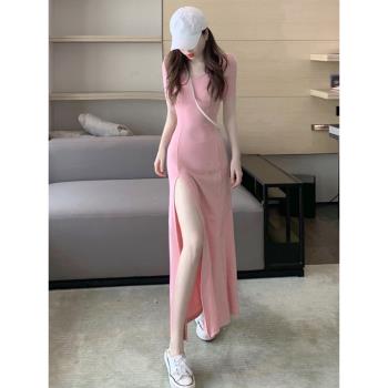 輕熟風性感粉色高開叉連衣裙女2023夏季新款氣質修身收腰顯瘦長裙