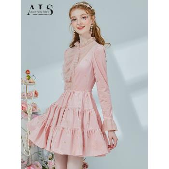 艾麗絲粉色絲絨連衣裙2023秋冬新款刺繡荷葉邊甜美減齡公主風短裙